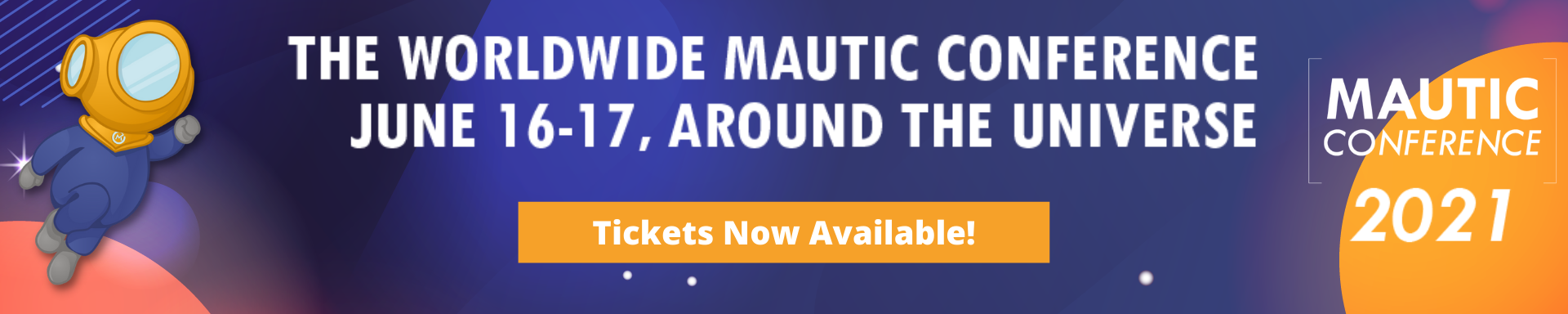 Homepage hero image promoting Mautic Conference Global with tickets available teaser