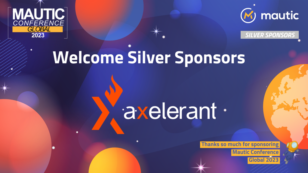 Image shows a dark purple space scene with orange planets and Welcome Silver Sponsors Axelerant in the middle.