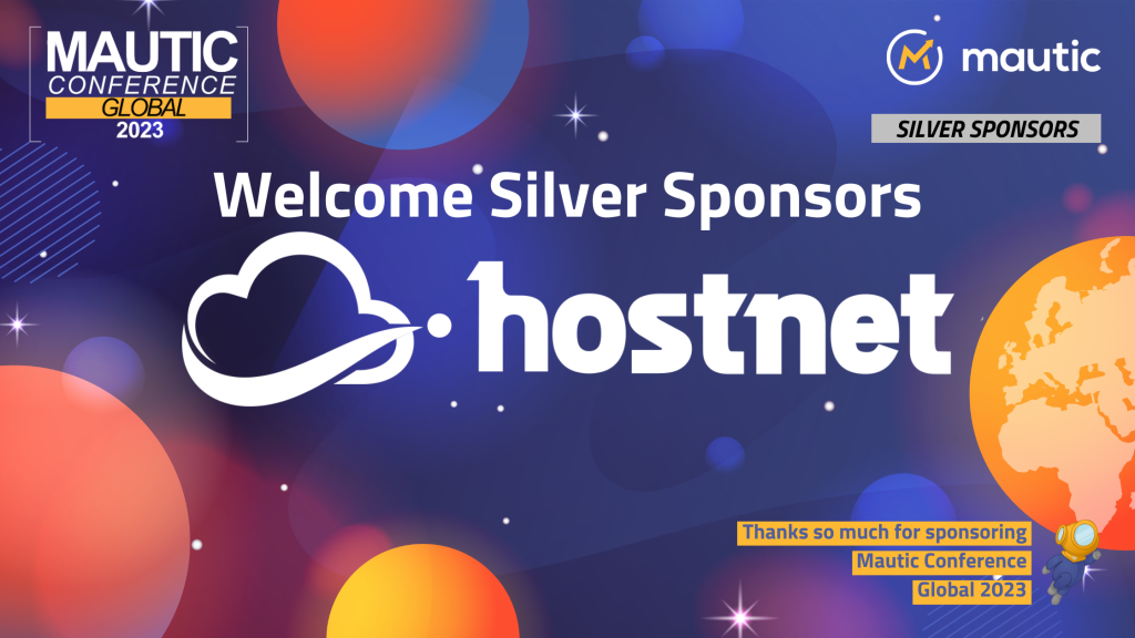 Image shows a dark purple space scene with orange planets and Welcome Silver Sponsors Hostnet in the middle.